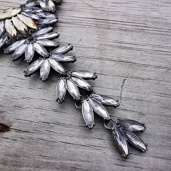 Smokey Gray and Light Amber Rhinestone Long Front Statement Necklace - Picture 13 of 15